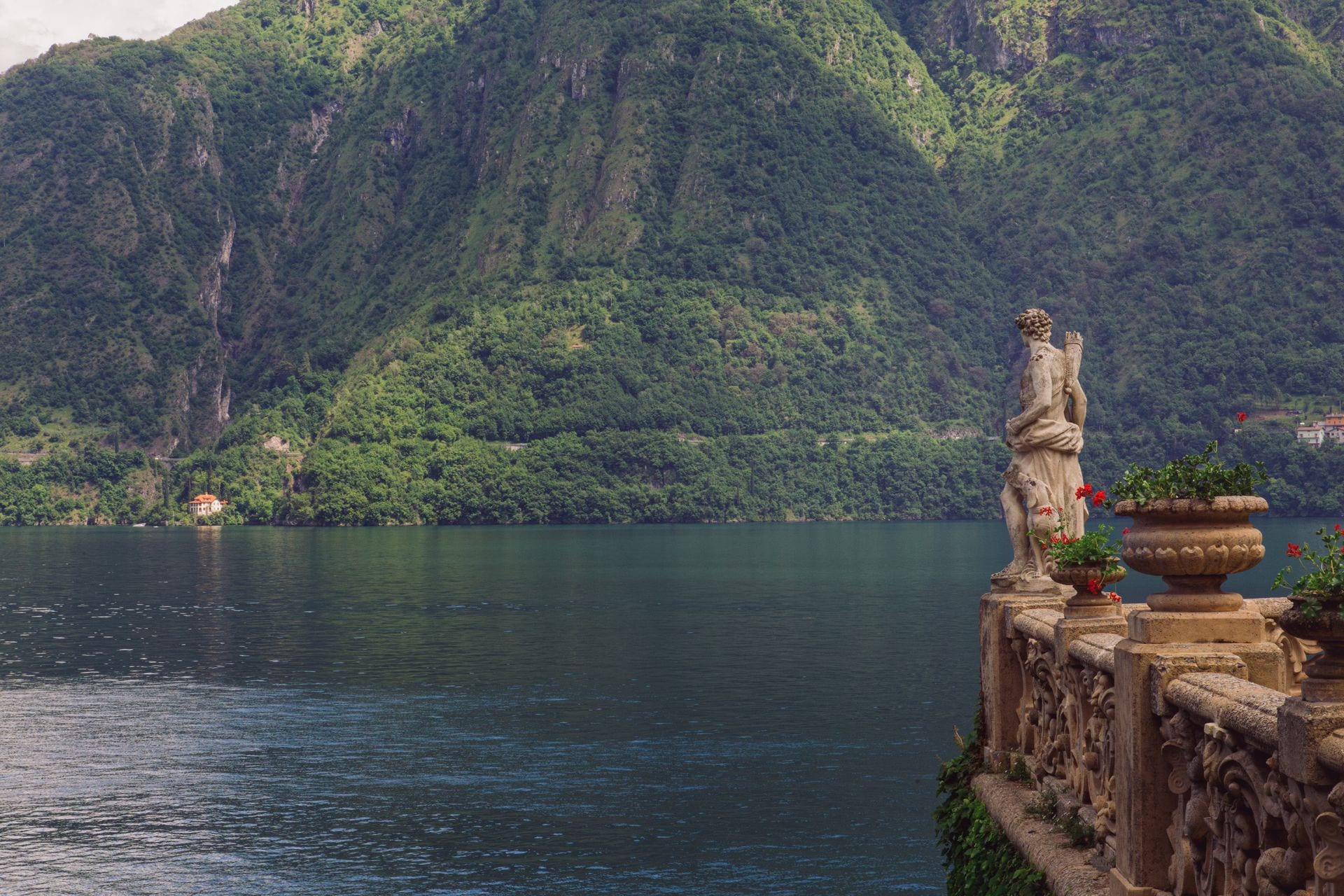 The balustrade terrace of Villa del Balbianello looking across Lake Como