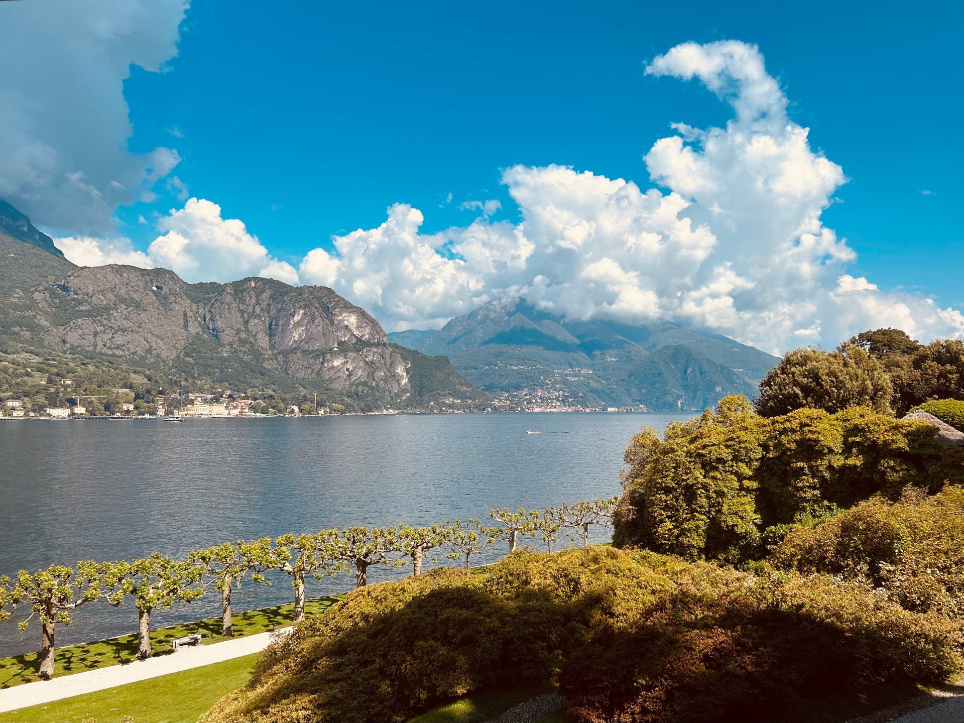 Eine Gartenterrasse am Comer See mit geschnittenen Platanen am Ufer und Bergen im Hintergrund